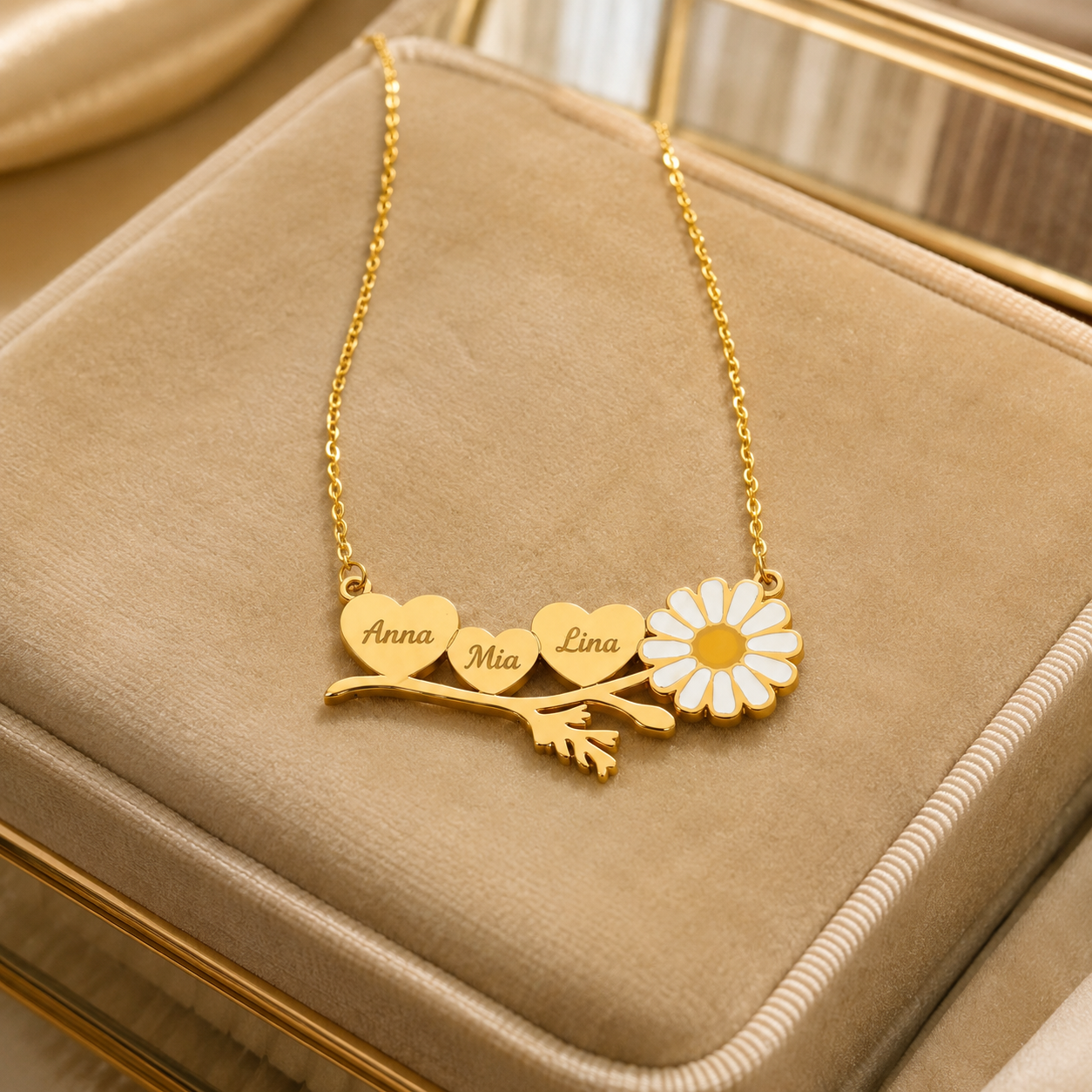 Personalized Three Heart Flower Necklace – Custom Engraved Gold Name Necklace