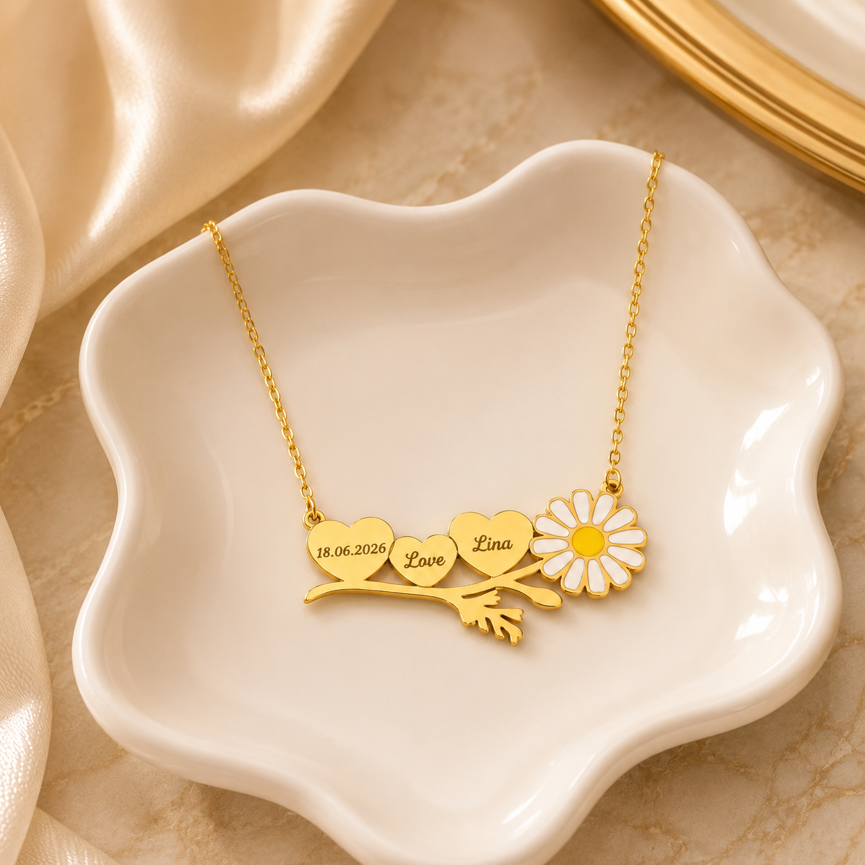 Personalized Three Heart Flower Necklace – Custom Engraved Gold Name Necklace