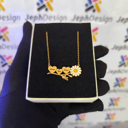 Personalized Three Heart Flower Necklace – Custom Engraved Gold Name Necklace